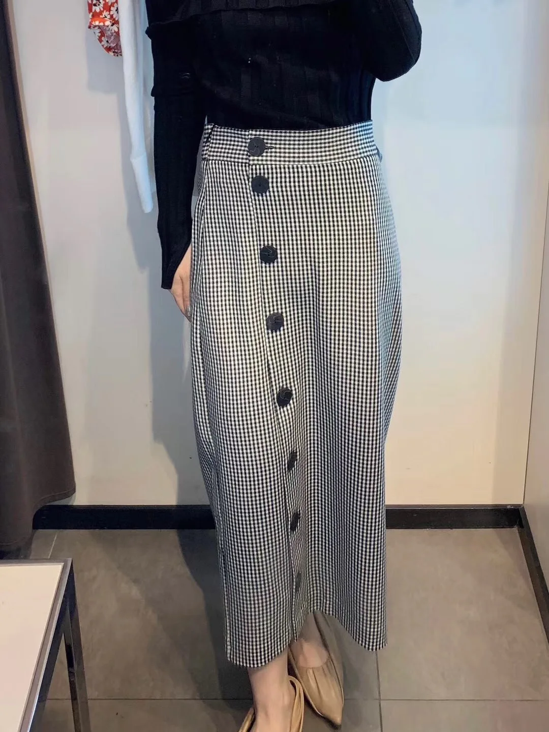 Новинка 2020 длинная юбка в клетку с высокой талией черно белая клетчатая + костюм