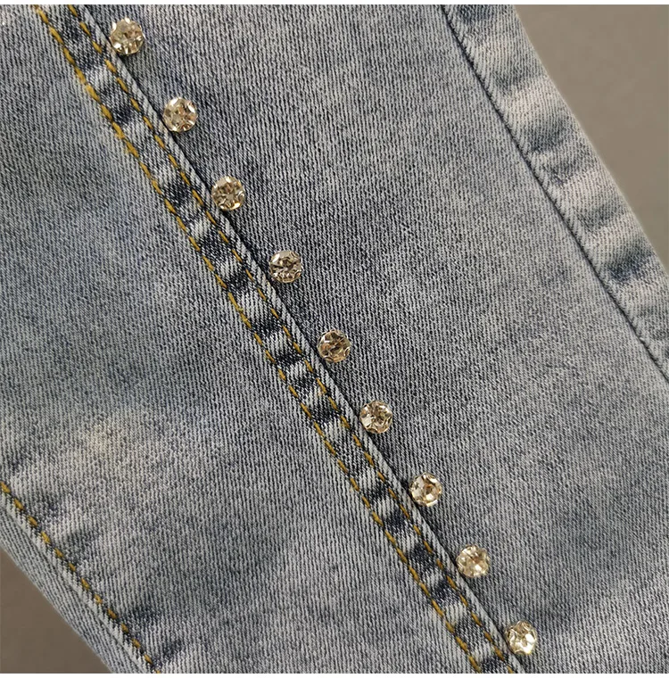 

2021 Summer New European Style Elastic Slim-Fit High Waist Denim Pants Stitching Diamond-Embedded Skinny Jeans Women's Trousers