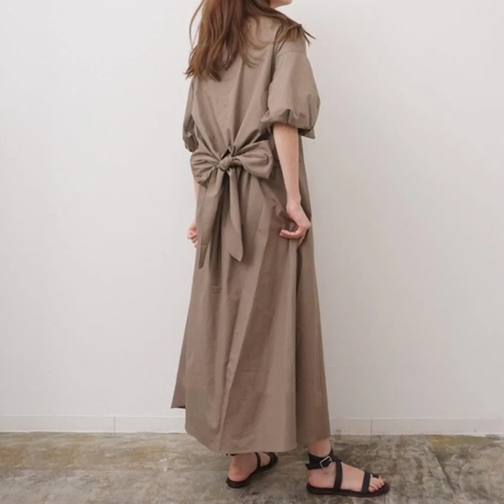 

2021 Summer Puff Sleeve Khaki Casual Dress Women Aesthetic Back Bow Dresses Female Ankle Length Clothes Lady