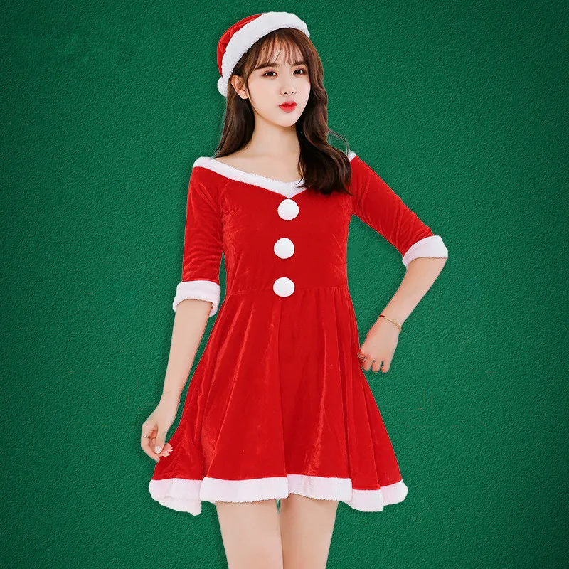 

Christmas Women Ladies Dresses Xmas Holiday Dress Santa Sexy Female Family Matching Party New Red Velvet Merry Christmas Dresses