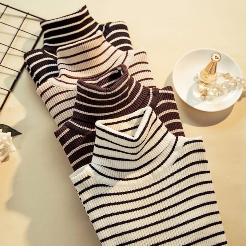 

Повседневный Женский вязаный свитер с высоким воротником, женский зимний мягкий модный корейский эластичный облегающий пуловер в полоску ...