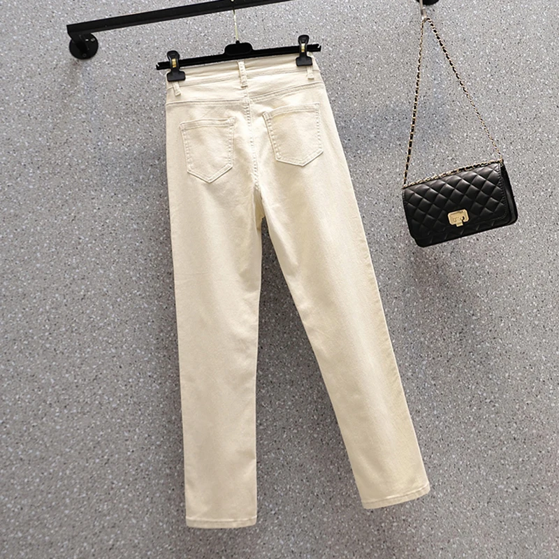 Женские джинсы в стиле пэчворк Стрейчевые прямые брюки из денима с разрезом