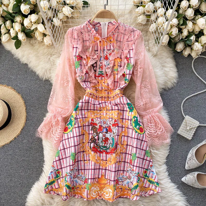 

2021 New Chic Bow Tied Stand Collar Hollow Out Lace Spliced Flare Sleeve Vintage Party Women Dress Fashion Runway Dress