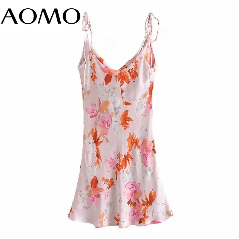 

AOMO Fashion Flowers Print Strap Dresses for Women 2021 Bow Female Casual Short Dress 3H531A