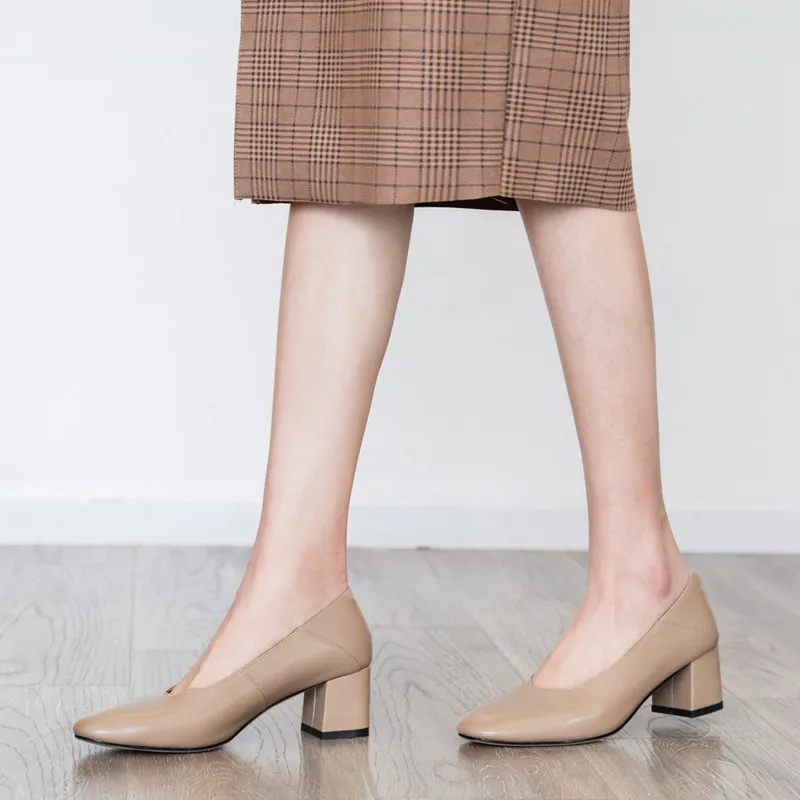 

KemeKiss Office Lady Real Leather Women Pumps Slip On Thick Heel Shoes Women Work Casual Soft Spring Female Footwear Size 34-39