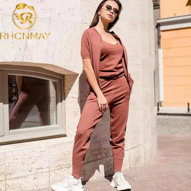 

Summer New 3 pcs Set Knitting Suit Short Sleeve Zip Jacket Cardigans Top+Vest+Elastic Pants Women Knitted Set Casual Tracksuits