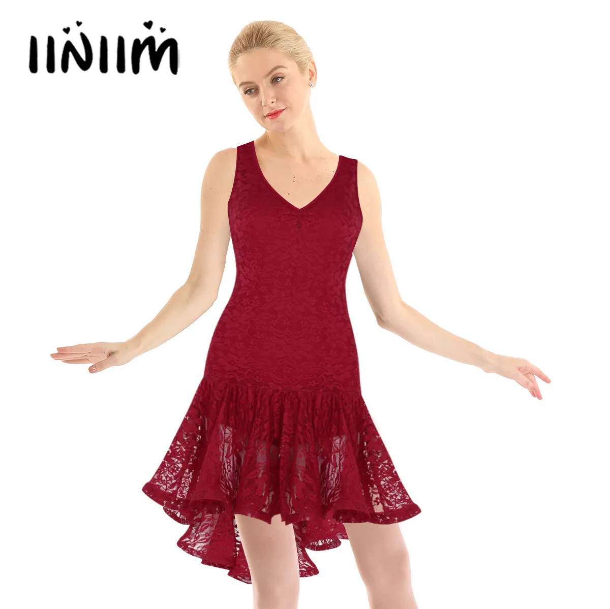 

iiniim Women Ruffled High Low Costumes for Latin Samba Dance Dress Ballroom Dancewear Adult Performance Costume Lace Dance Dress