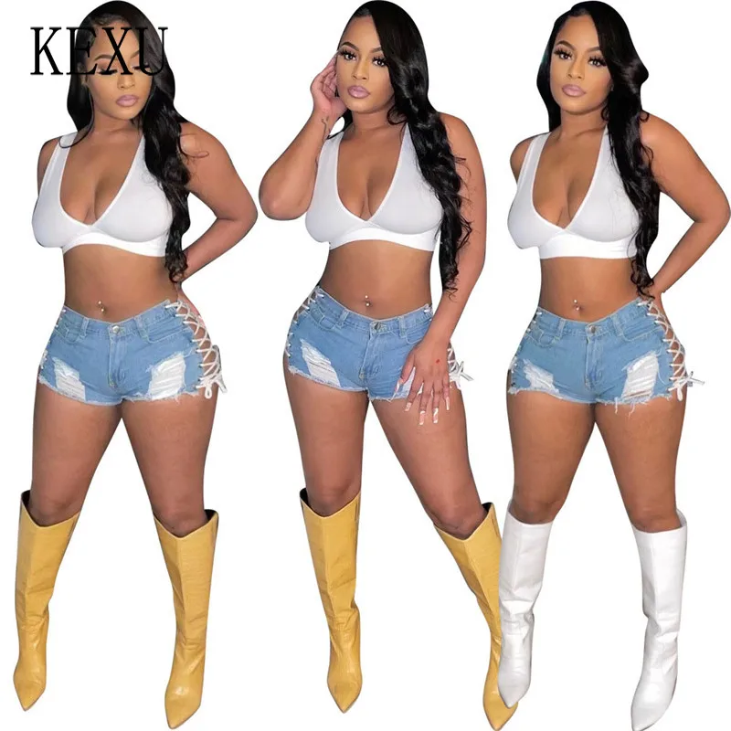 

Ковбойские брюки KEXU с перекрестной шнуровкой, Ажурные Сексуальные облегающие джинсы с завышенной талией и карманами на пуговицах, посылка ...