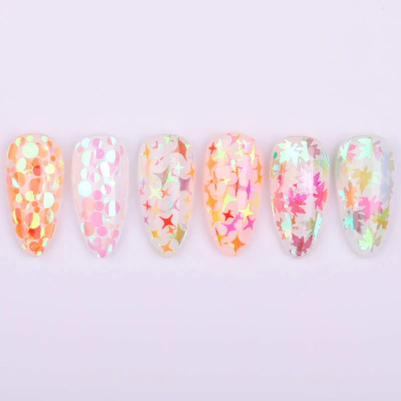 Звезды круглое голографическое искусство ногтей блестки кленовые листья
