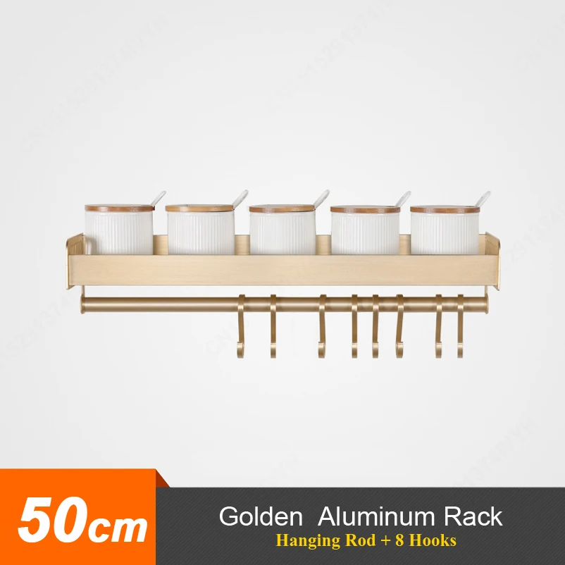 G-50cm Rack-Rod Многофункциональный кухонный держатель настенная кухонная стойка для Хранения Алюминиевая приправа банка Кастер Полка золотой черный кухонные аксессуары - Цвет: G-50cm Rack-Rod