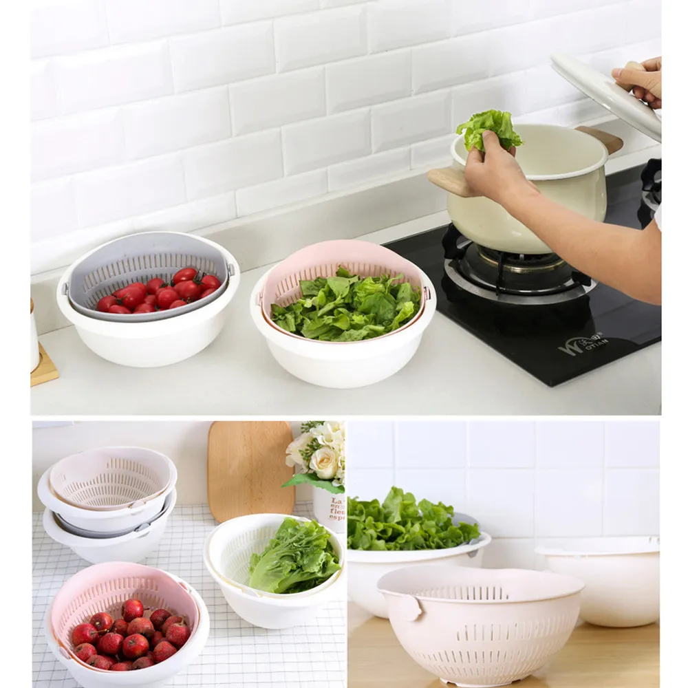Кухонная двойная корзина для слива, миска, пластиковая лапша, корзина для мытья овощей, портативная кухонная дуршлаг для фруктов, корзина для хранения#1021