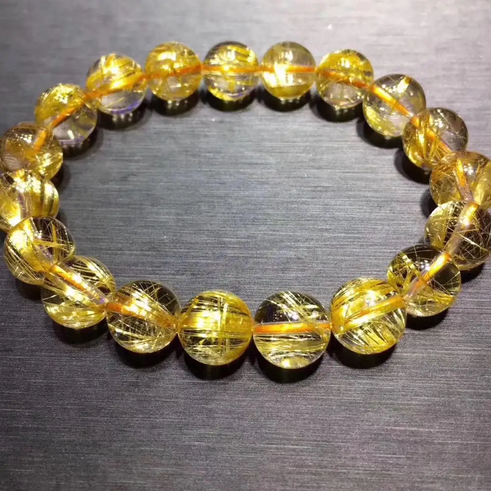 

10mm Natural Gold Rutilated Quartz Titanium Bracelet For Women Men Wealth Healing Gift Crystal Round Beads Crystal Jewelry AAAAA