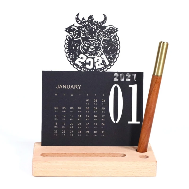 

Chinese New Year 3D 2021 Desk Calendar Engraving Crafts Writing Pen Wooden Base Decoration