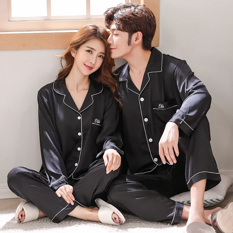 

Couple Pajamas Set Comfort Silk Satin Men And Women Sleepwear Set 2Pcs Polyester Simple Style Lovers Turn-down Collar Homewear