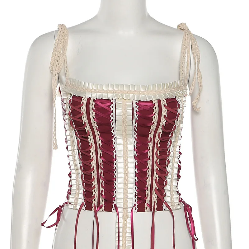 

E-girl Aesthetics Lace-Up Ruffles Corset Tops Y2K Vintage Patchwork Bandage Straped Backless Crop Top Harajuku Outfits