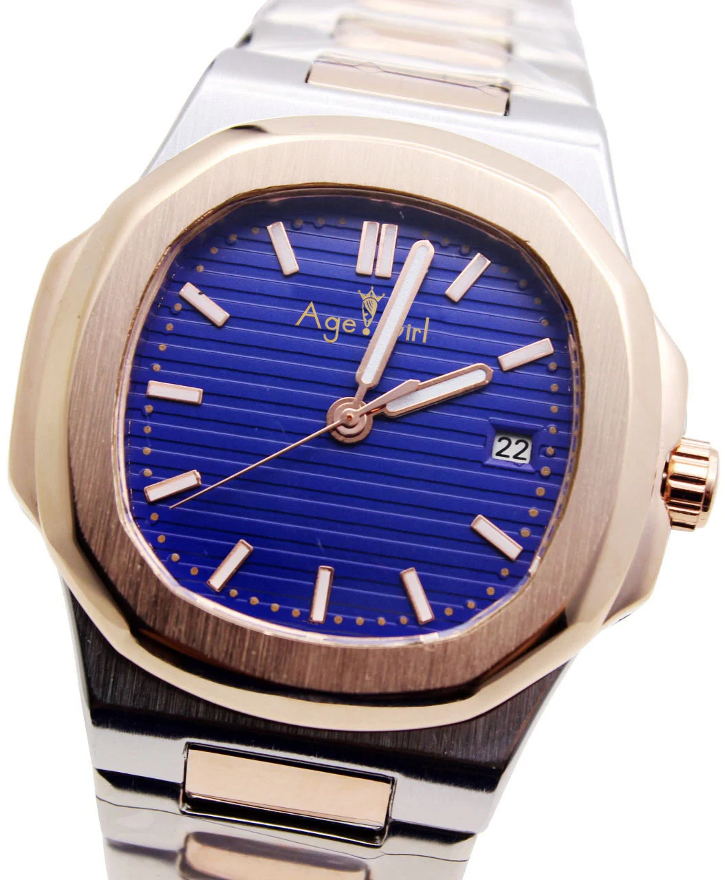 

ClassicTop New Automatic Mechanical Mens Luminous Rose Gold Stainless Steel Transparent Glass Back Black Blue Gents Watch
