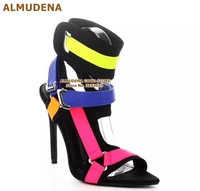 almudena pink yellow blue color block buckle strap sandals stiletto heels metal buckle decoration dress pumps mixed color shoes