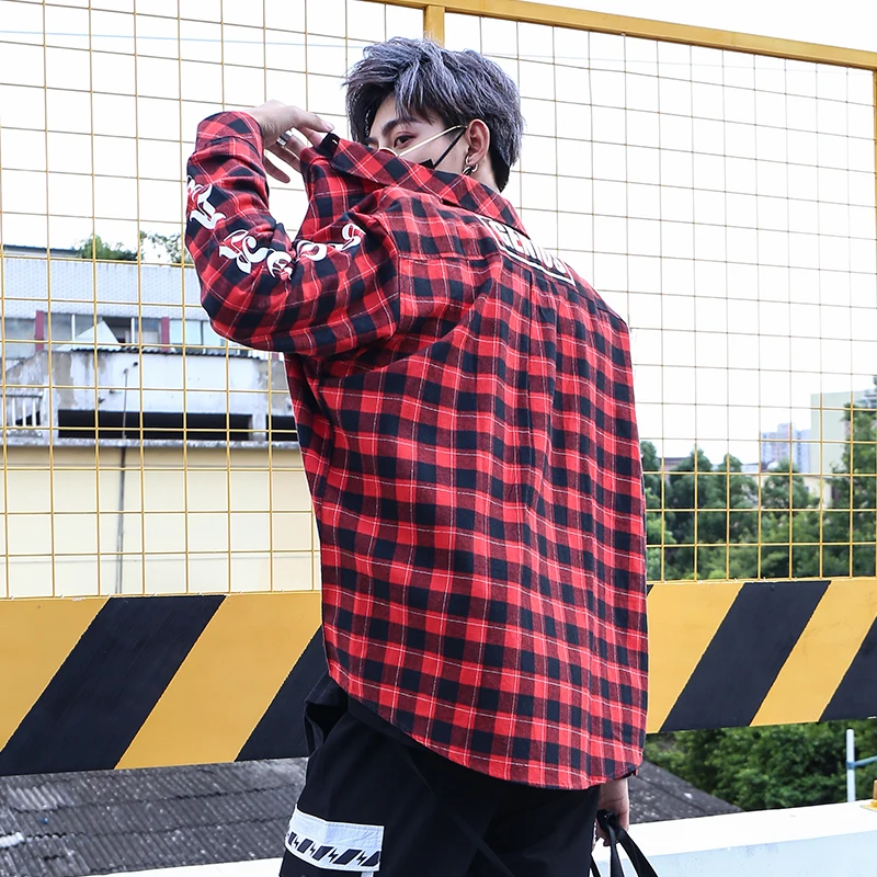 Клетчатая Мужская рубашка роскошная с длинным рукавом в клетку стиле хип хоп