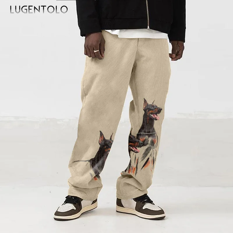 

Брюки Lugentolo мужские с принтом собаки, прямые повседневные вельветовые уличные модные штаны с тонкой средней талией, весна-осень