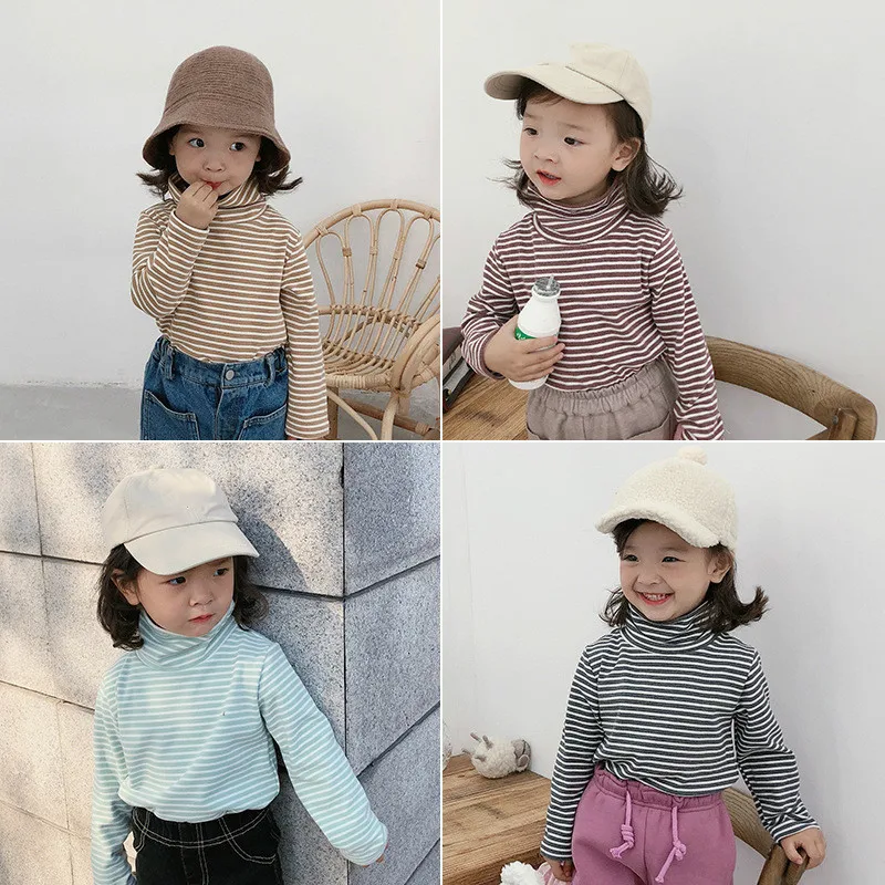 Зимние полосатые футболки для мальчиков из чистого хлопка с высоким воротником 5