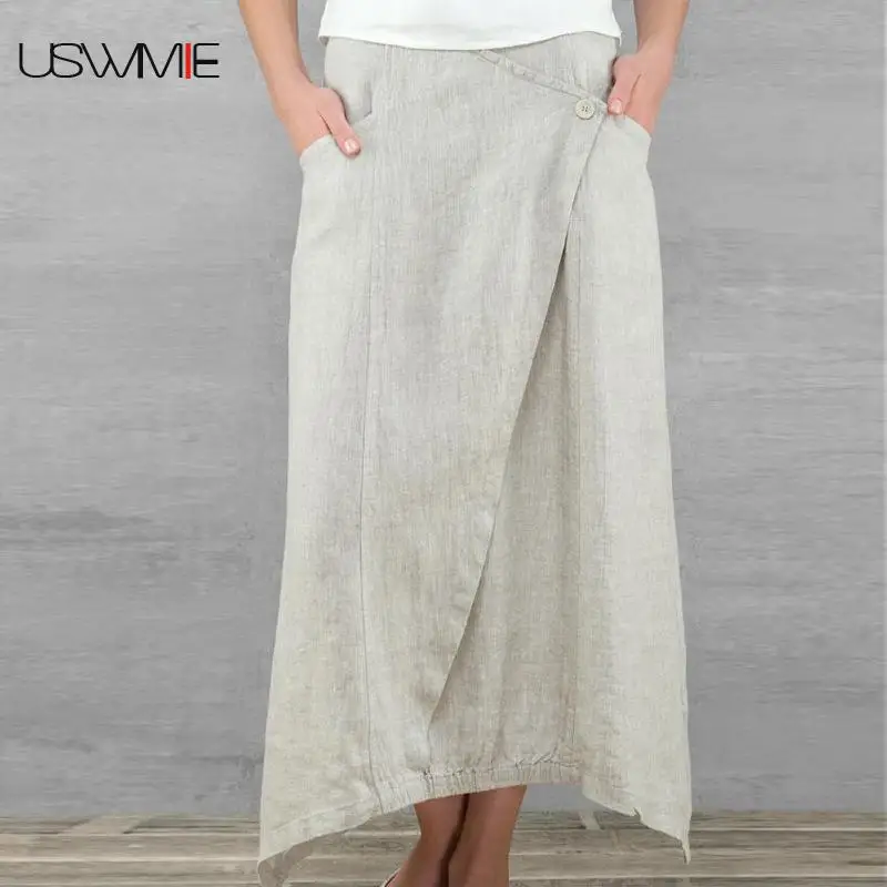Женская Повседневная однотонная льняная юбка с высокой талией и карманами
