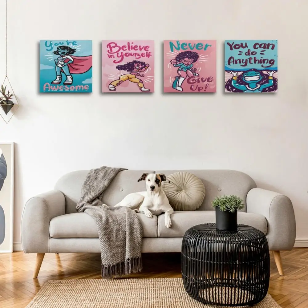 

4 pcs Wall Art Painting Super Powerful Girls Posters With Motivational And Inspirational Quotes For Black Girl Wall Arts 25X25cm