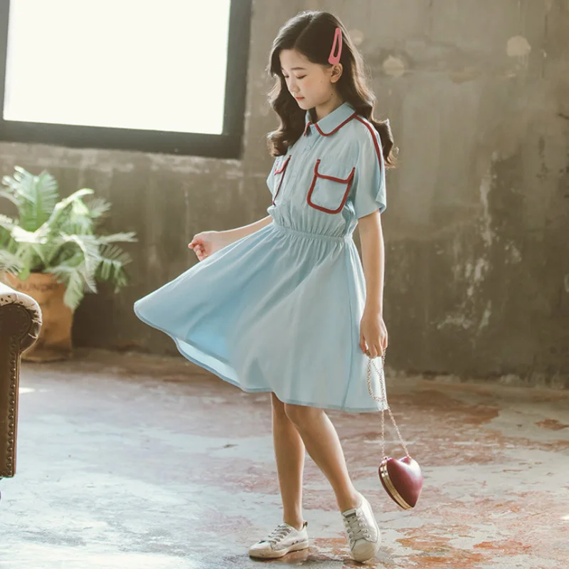 

For Girls dress 2021 New girl's contrast shirt short-sleeved princess dress female big child summer parent-child dress