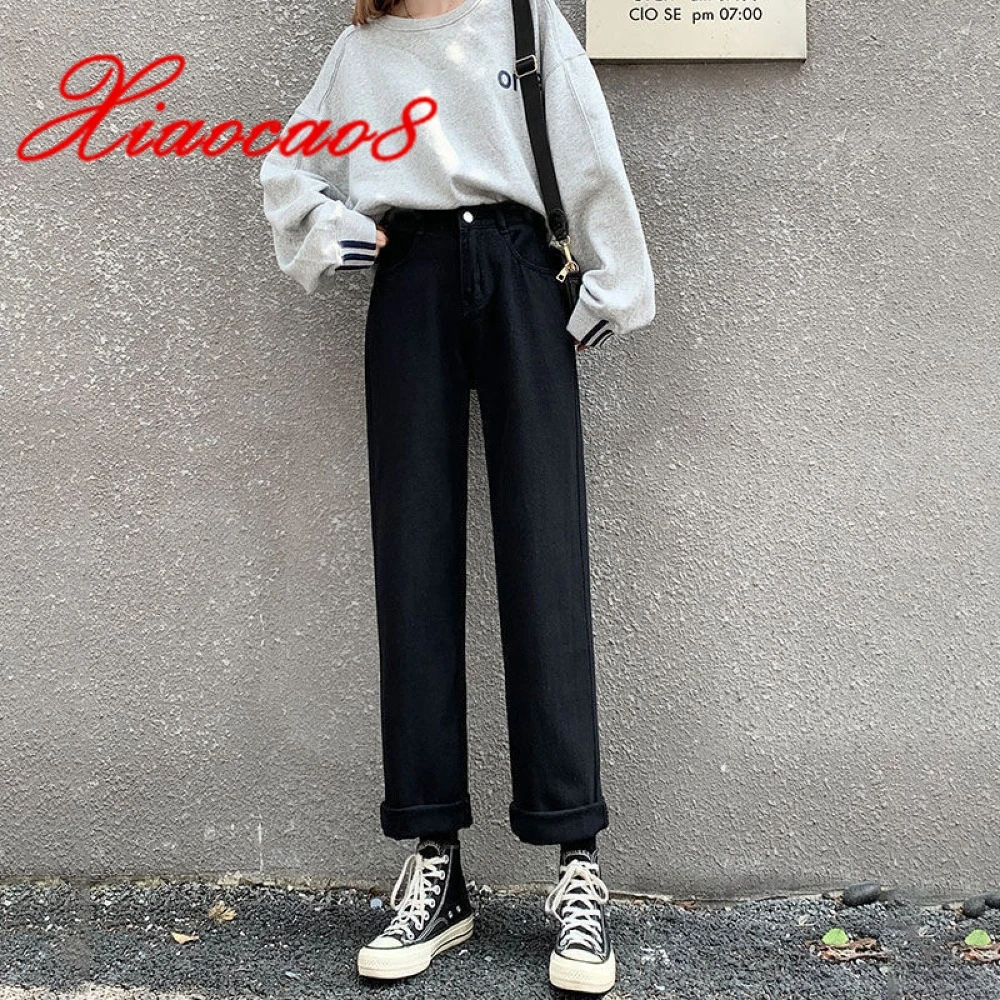 

2021 New Jeans For Women Back High Waist Wide Leg Denim Pants Casual Vintage Street-Wear Loose Fashion Winter Velvet Trousers