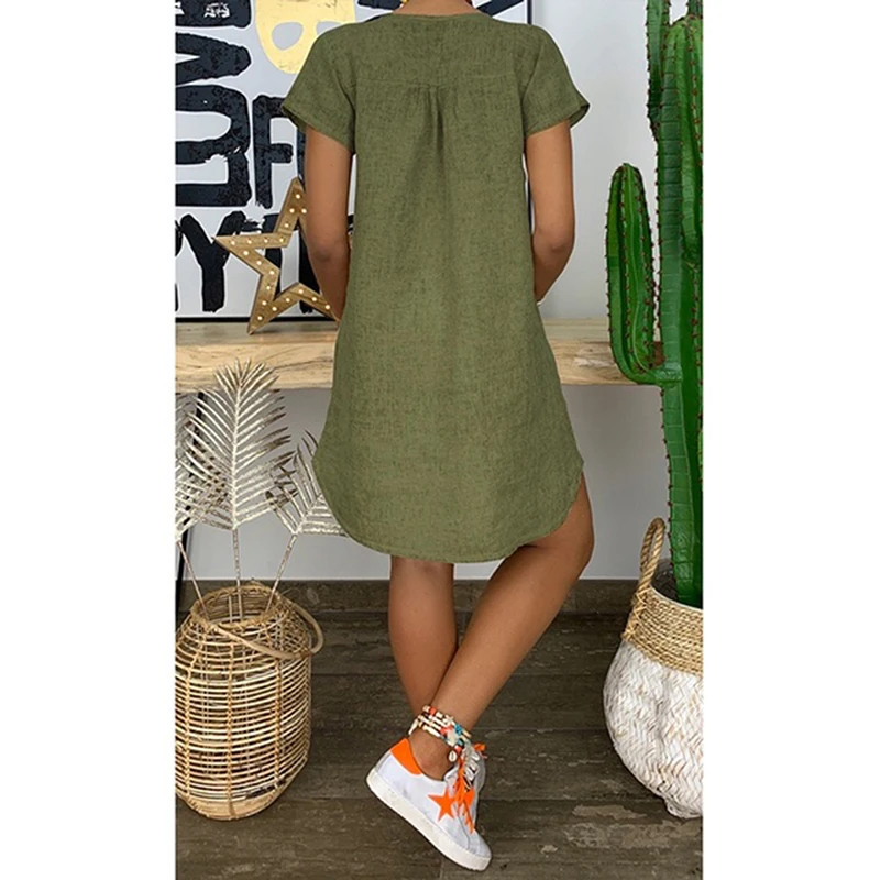 

New Women Short Sleeve Dress Solid V Neck Summer Beach Cotton Linen Casual Kaftan Maxi Loose Tops Dresses Plus Size S-XL