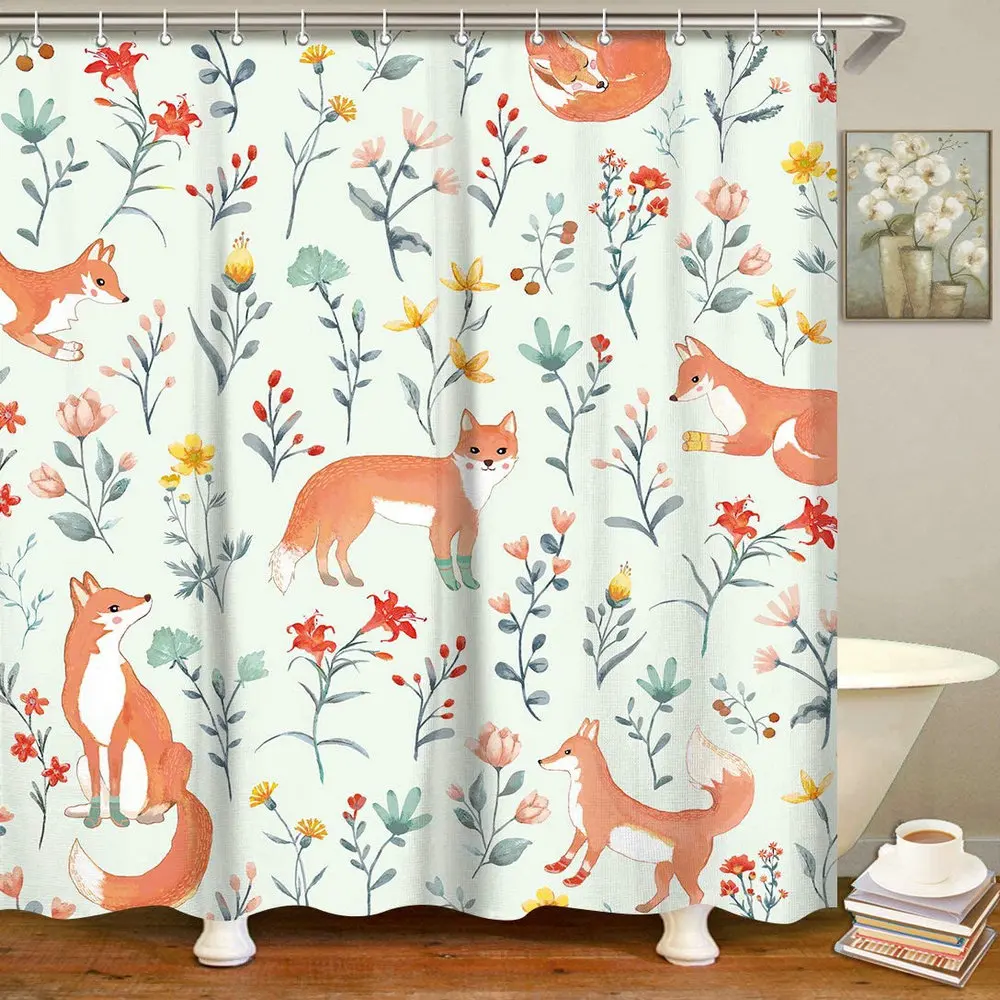 

Cartoon Fox Animal Shower Curtain Kids Child Bathroom Decor Bathtub Accessories With Hooks Plants Flowers Pastoral Art Screen