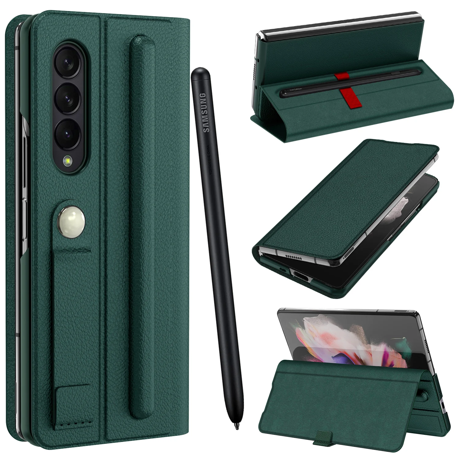 Funda plegable de cuero para Samsung Galaxy Z, carcasa de lujo con ranura para bol&iacute;grafo, Compatible con S Pen Edition, carcasa con soporte para Fold3 F9260-0