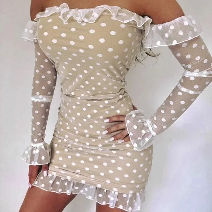

Women Off Shoulder Polka Dot Ruffles Mini Dress Sexy Slash Neck Bodycon Cute Falre Sleeve Mini Dress Mesh Sheer Vestidos