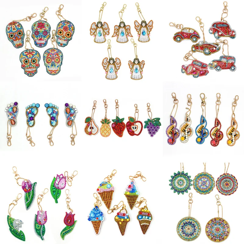 

Diamond Painting Keychain Set Cartoon Car Fruit Skull Decor Car Pendent Full Drill Diamond Embroidery Cross Stitch Gift