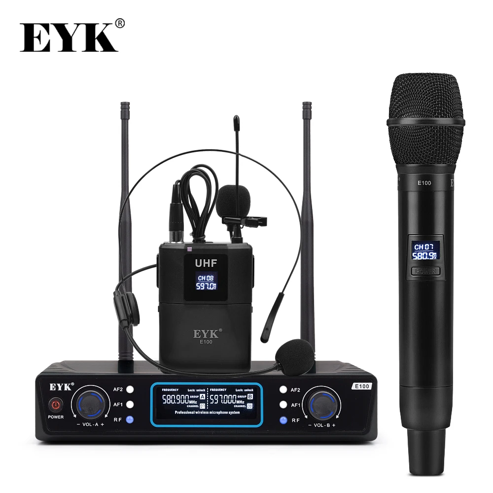 EYK E100 Двойной передатчик UHF беспроводной микрофон с ручной+ поясной пакет+ лацканы+ гарнитура микрофон для караоке церкви Youtube