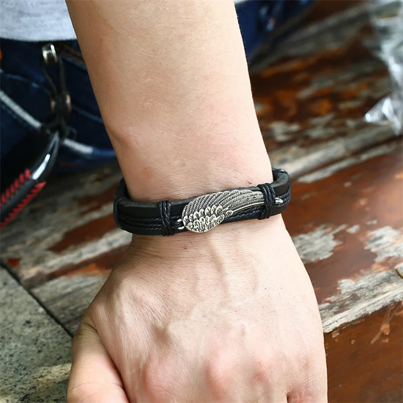 

Trendy Hand Strap Genuine Leather Bracelet Men Alloy Wing Vintage Braided Rope Bracelets for Male Female Bracelets Jewelry Gift