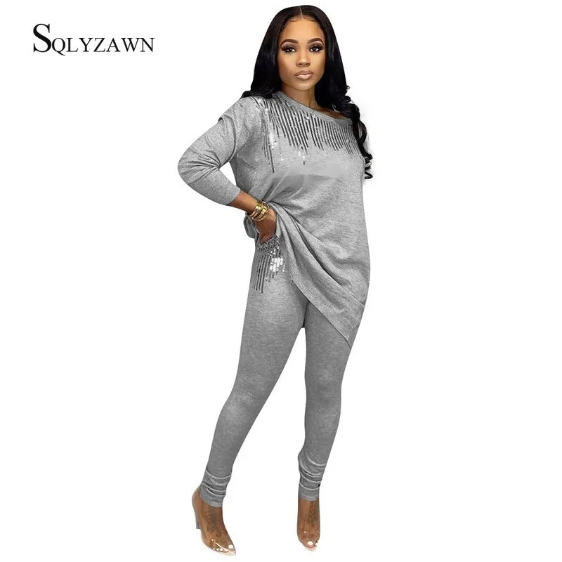 

Casual Fitness Sequin Two Piece Set Female Long Sleeve Long Shirt + Pencil Pants Black Gray Matching Jogger Outfit Plus Size 2XL