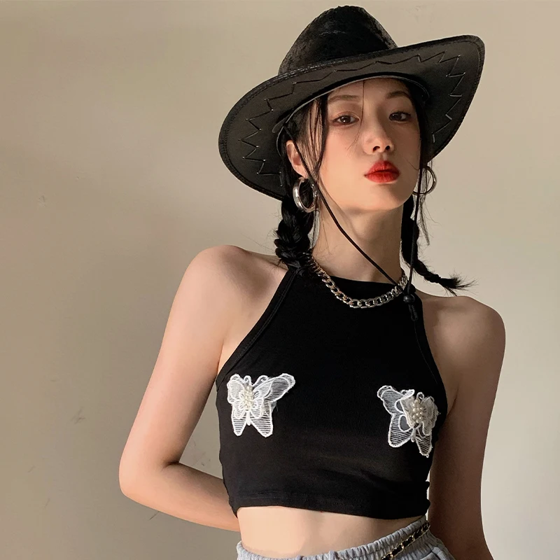 

Y2k топы, женская одежда, черный топ с аппликацией бабочки и открытыми плечами, сексуальный женский уличный облегающий кроп-топ, Модный корей...
