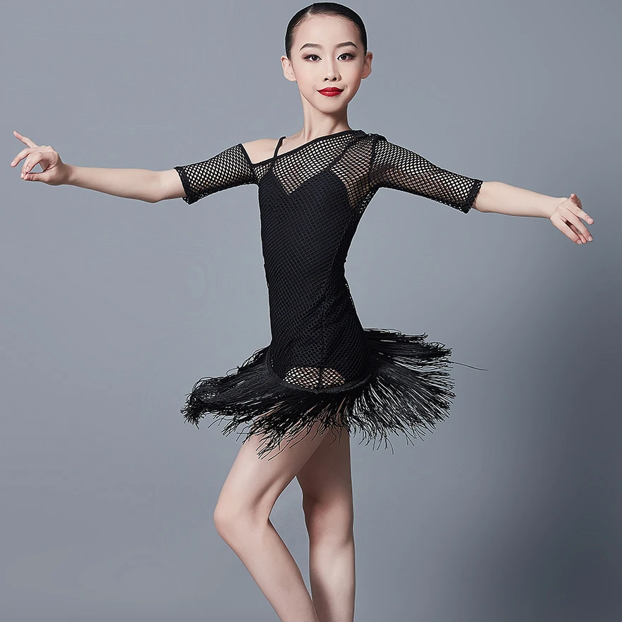 

Children's Latin Dance Costumes Girls Practice Dress Net Short Sleeve Samba Rumba Cha Cha Dance Wear Black Fringed Dress 110-170