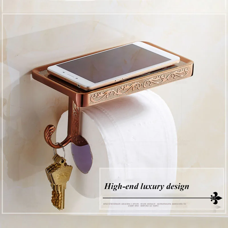 

Bathroom Shelves Antique Bronze Carving Toilet Roll Paper Rack with Phone Shelf Wall Mounted Bathroom Paper Holder