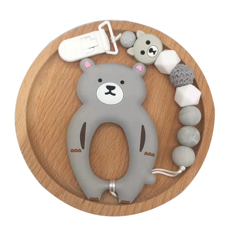 teether and chain Детская Соска с мультяшным медведем, Прорезыватель для зубов, соска с бусами, цепочка без БФА, силиконовый держатель для пустышки, прищепка для соски - Цвет: teether and chain