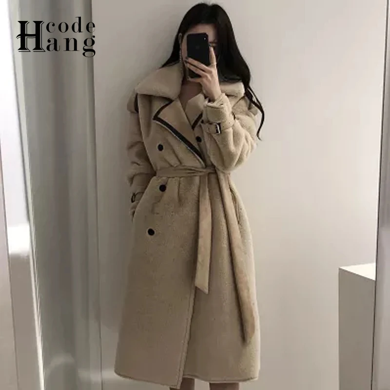 

Женская зимняя длинная куртка HangCode, теплое пальто с подкладкой из искусственного меха, верхняя одежда, пальто, женская двубортная куртка с п...