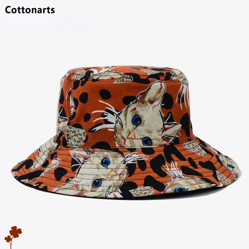 

UFLAME Couple Double Sided Bucket Hat Fashion Cat Pattern Fisherman Cap Street All-match Hip Hop Fishing Hats Men Panama Sun Hat