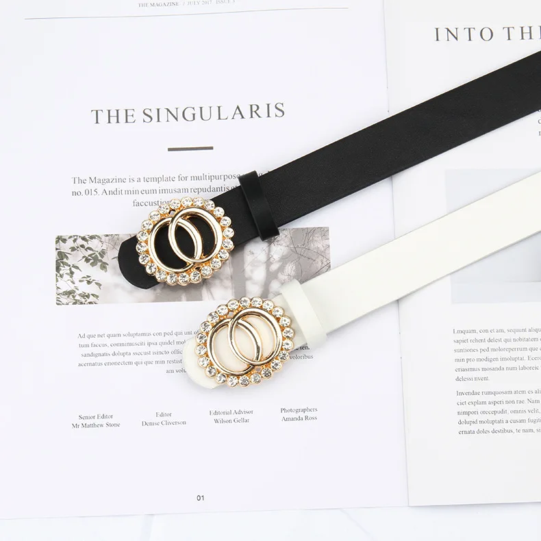 

2020 Luxury Designer Double Circle Crystal Pearl Buckle Belts For Women Black Leather Waist Belt Female Waistband