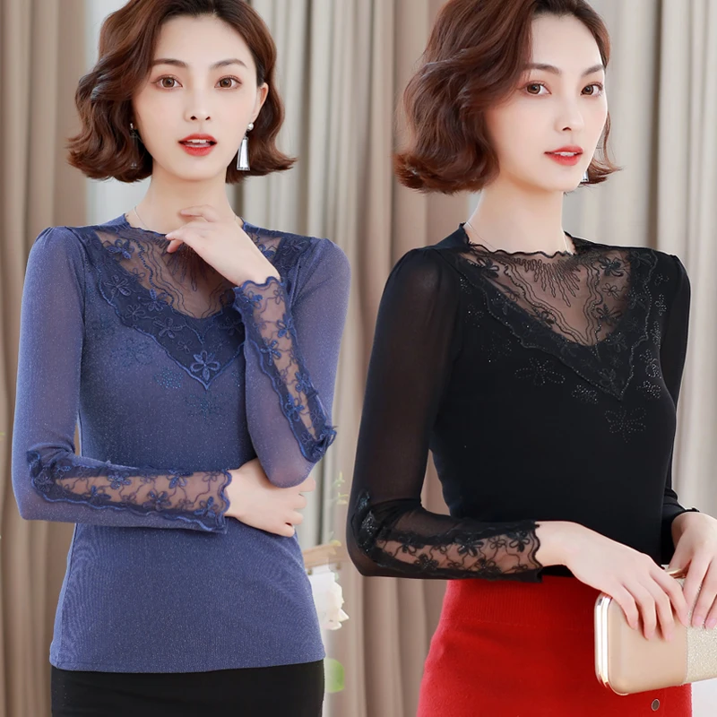

New Spring Autumn Semi-high Collar Lace Base Shirt Blusas Mujer De Moda 2021 Long Sleeve Womens Tops and Blouses 6600 50