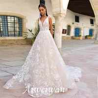 a line tulle appliques lace wedding dress for bride with v neck tassel sleeveless bridal gowns with sweep train 2021