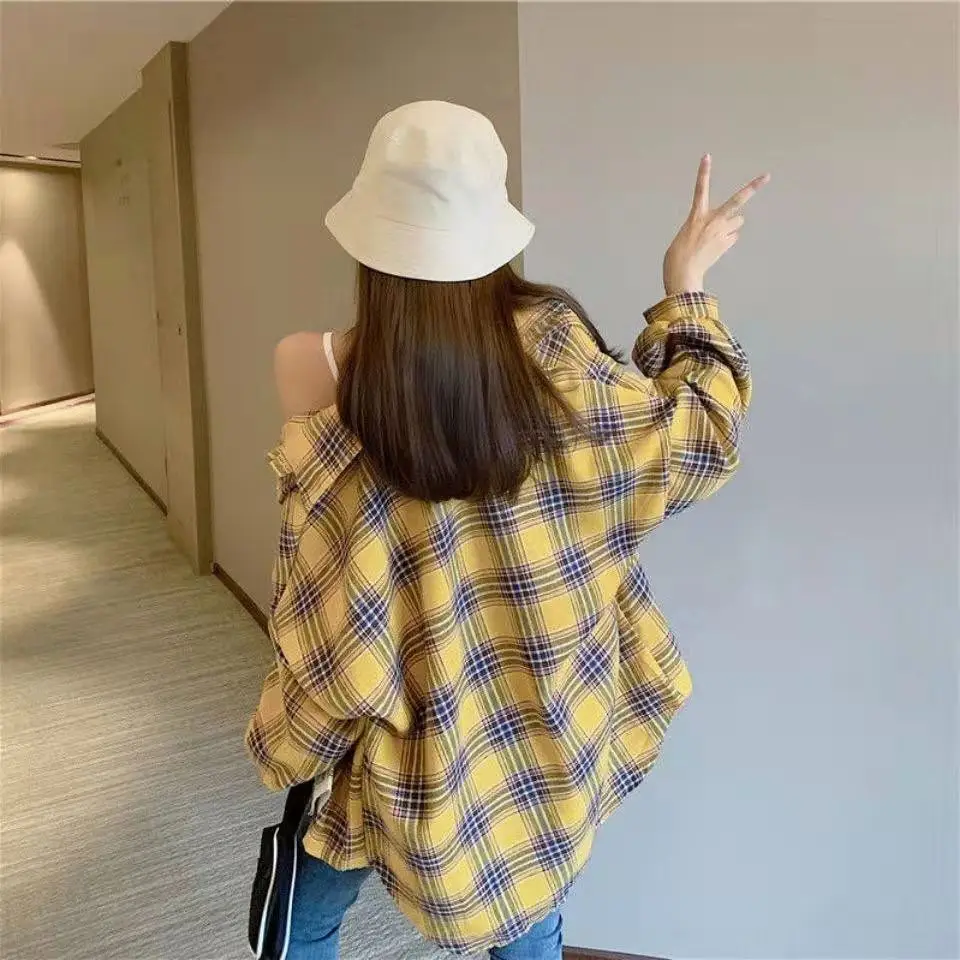 Женская блузка в Корейском стиле весна 2022 хлопковая рубашка клетку одежда для