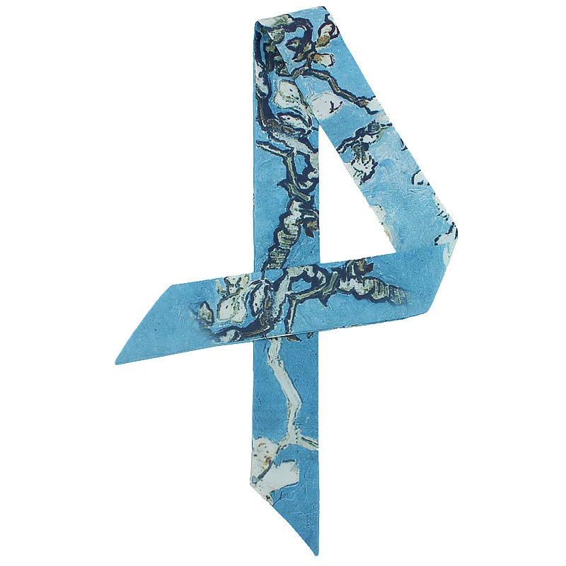 

100*5cm New Oil Painting Apricot Flower Print Tie Bag Small Ribbon Women's Twill Silk Scarf Hair Band