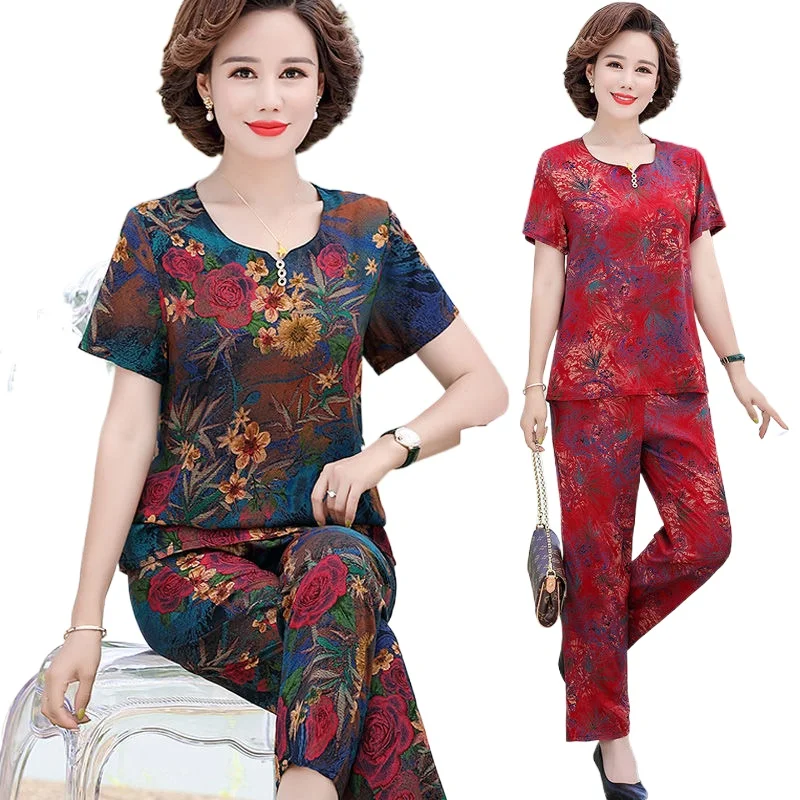 

Middle-aged Women 2 Piece Set Summer Suits Short Sleeve Print Tops and Pants Plus Size Two-piece Female T-shirt Women Clothing