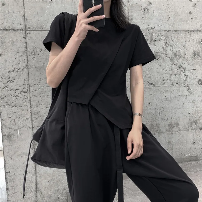 

17028P35 dark irregular thin waist short sleeve T niche cotton stretch