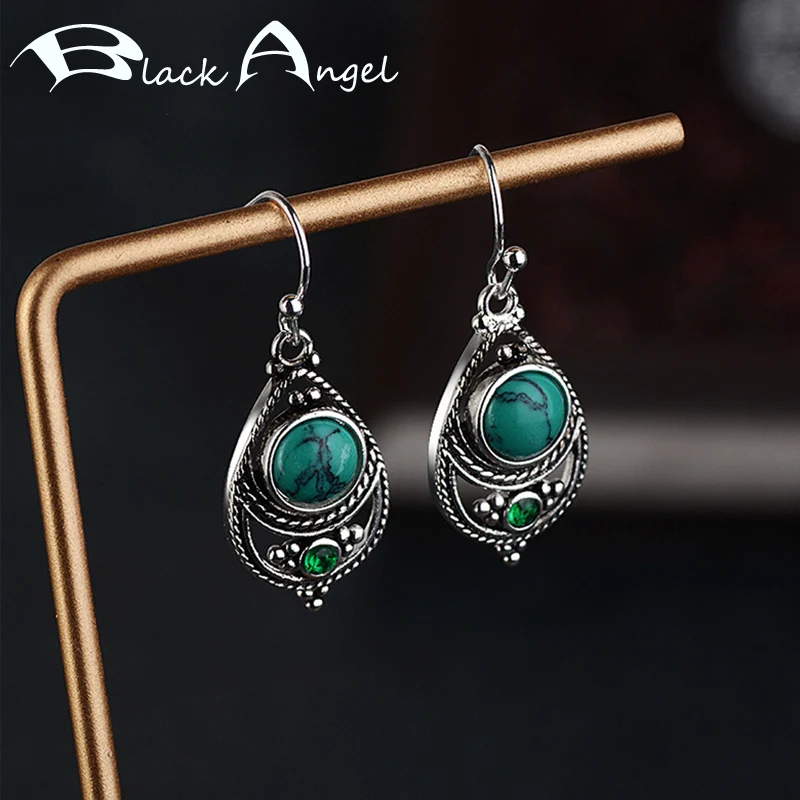

BLACK ANGEL Vintage Turquoise Hook Earrings Thai Silver 925 Emerald Gemstone Drop Earrings For Women Fine Jewelry Wholesale